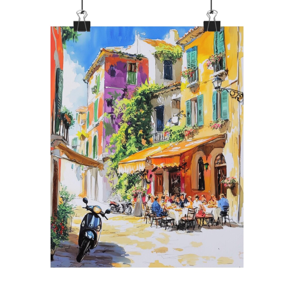 Italian Pizzeria Square Colorful Vespa Street Gouache Poster