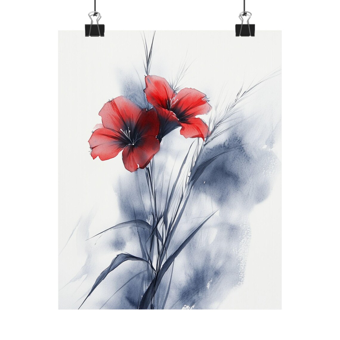 Red Blossom Ink Wash Painting in Minimalist Floral Style Print