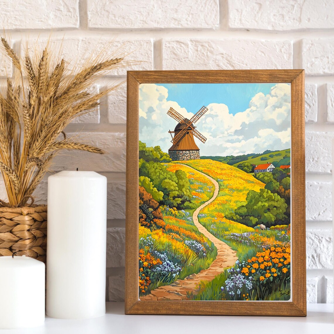 Sunny Windmill Wildflower Meadow Winding Path Landscape Poster - Image 3