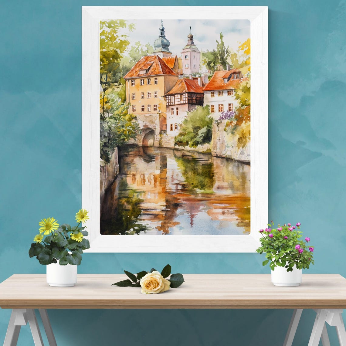 Cesky Krumlov River Reflections Medieval Old Town Watercolor Poster - Image 3