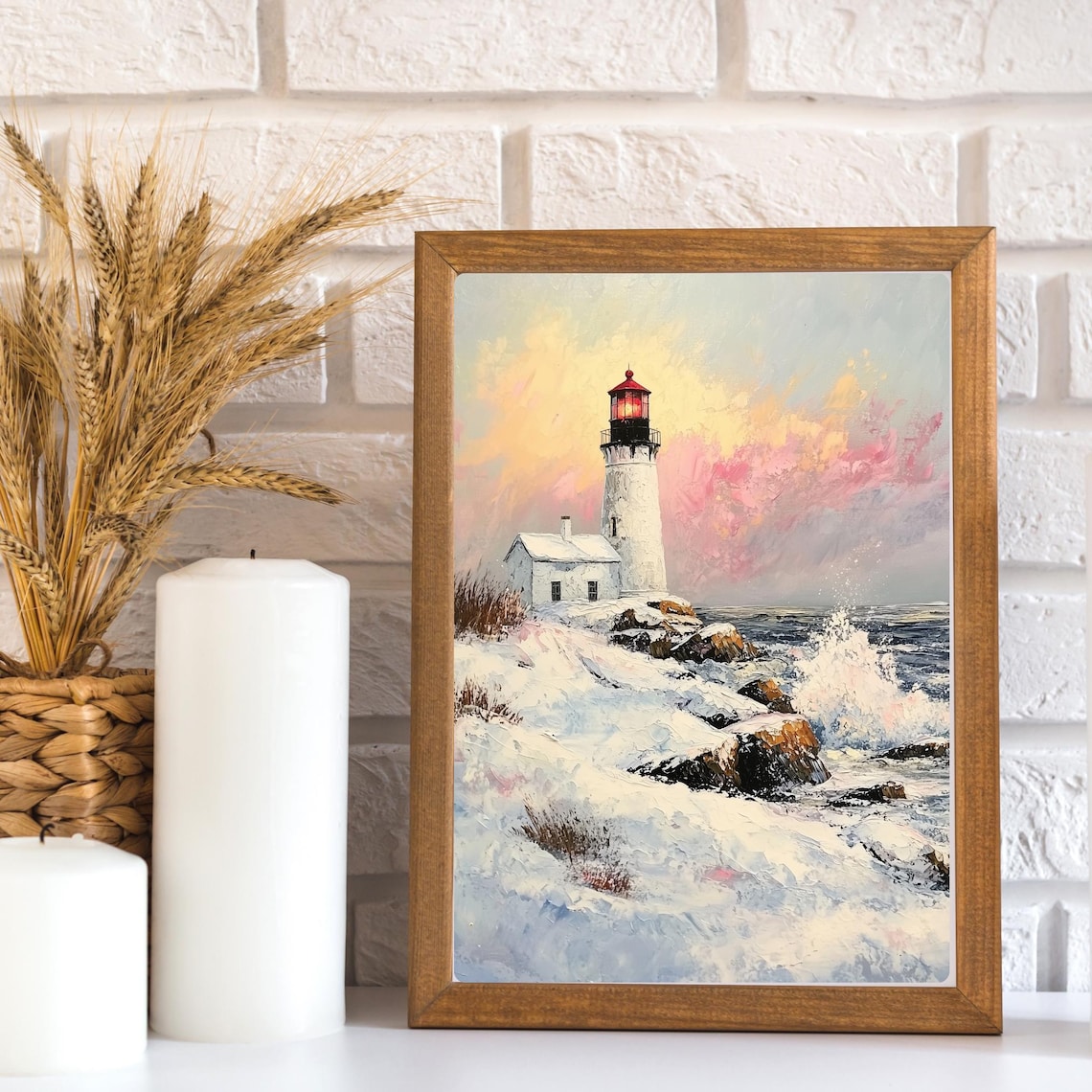 Snowy New England Lighthouse Winter Coast Oil Painting Poster - Image 3