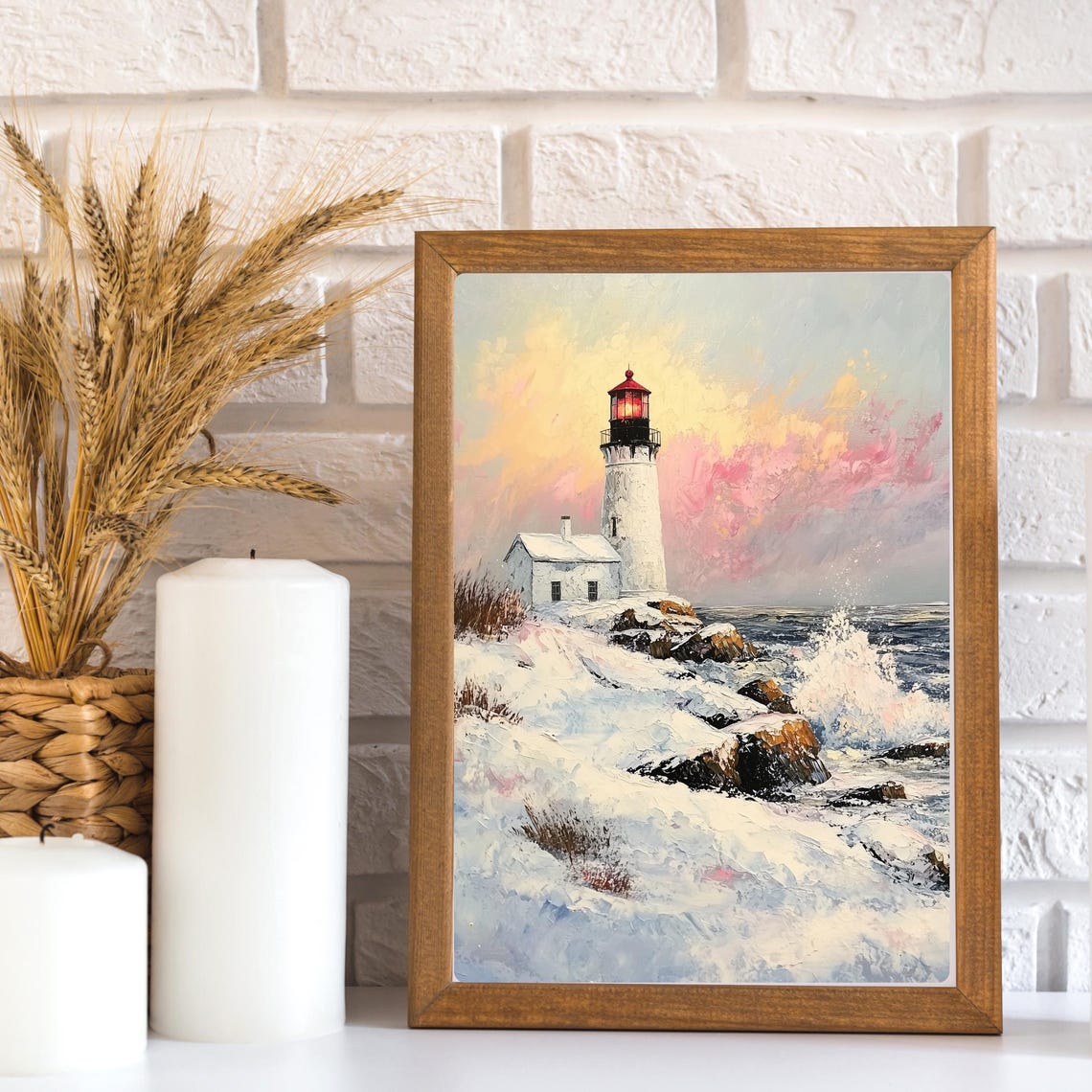Winter Lighthouse Art New England Coastal Painting Snowy Scene Print Ocean Waves Wall Decor Coastal Lighthouse Art Matte Print - Image 3