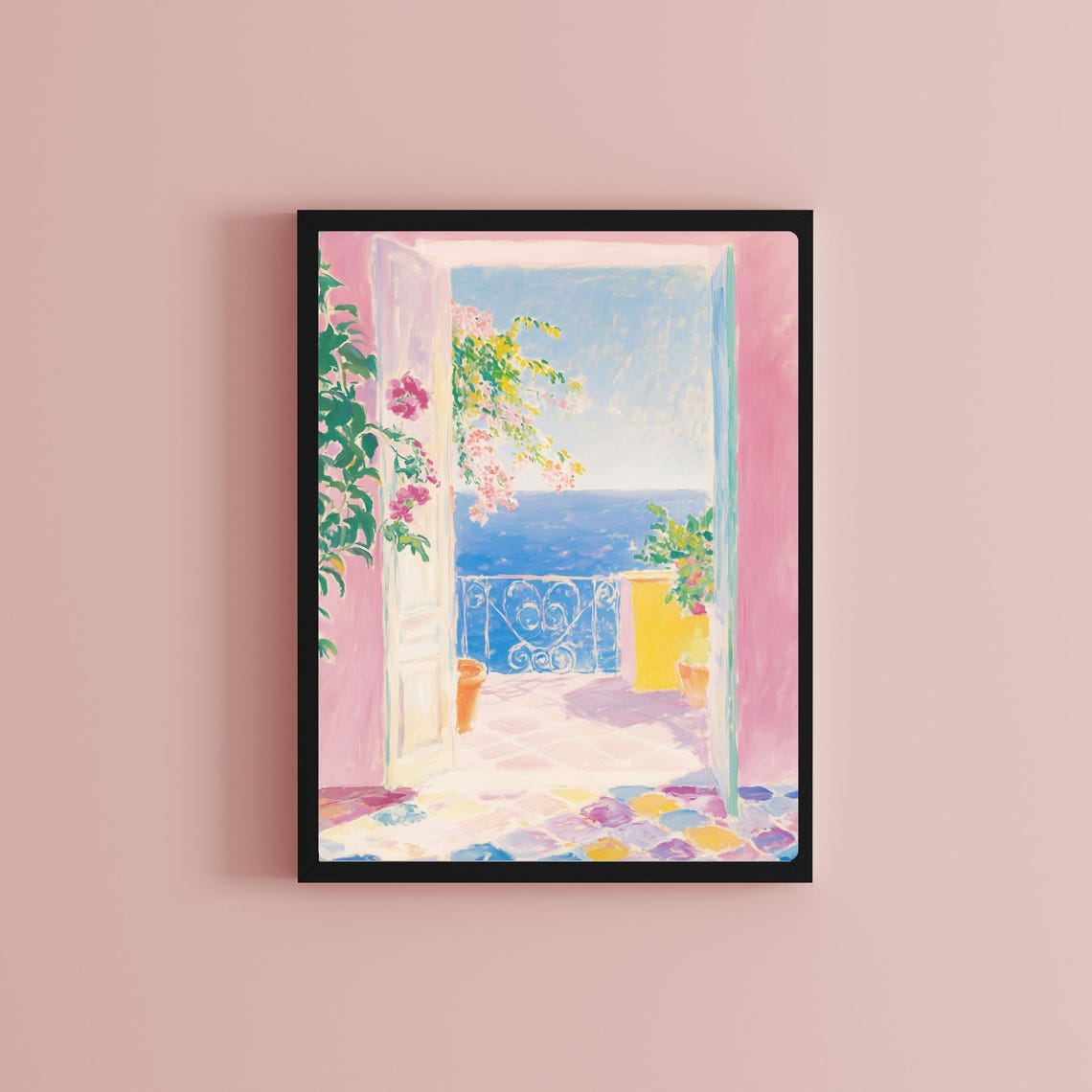Pink Mediterranean Balcony Overlooking Sea Bougainvillea Poster - Image 2