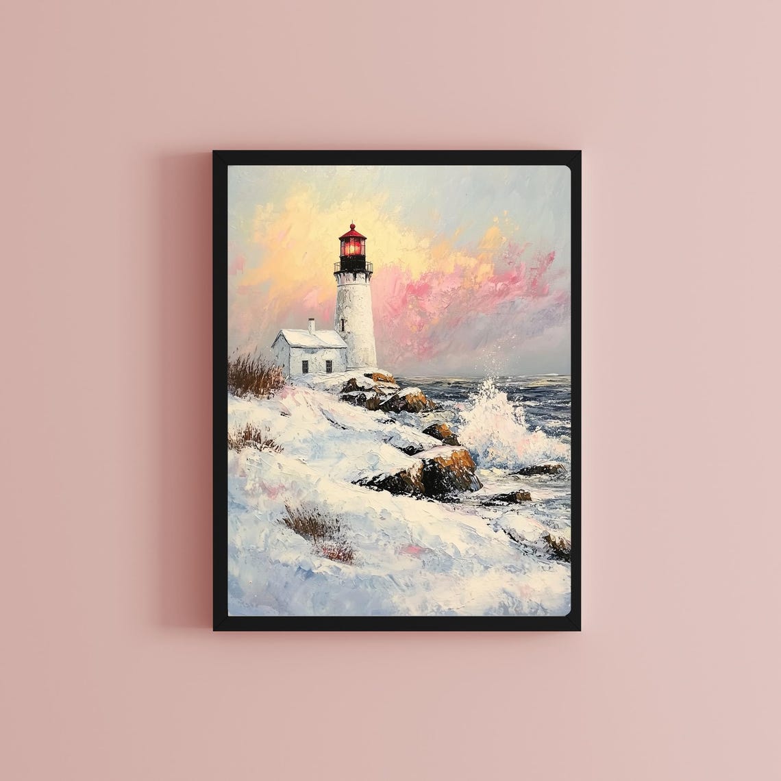 Winter Lighthouse Art New England Coastal Painting Snowy Scene Print Ocean Waves Wall Decor Coastal Lighthouse Art Matte Print - Image 2