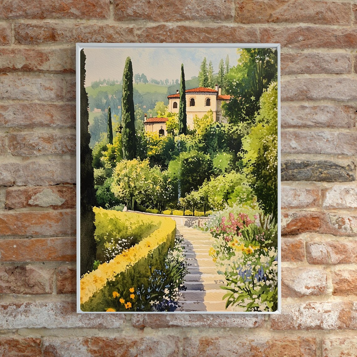 Italian Villa Hillside Garden Stone Steps Cypress Watercolor Poster - Image 2