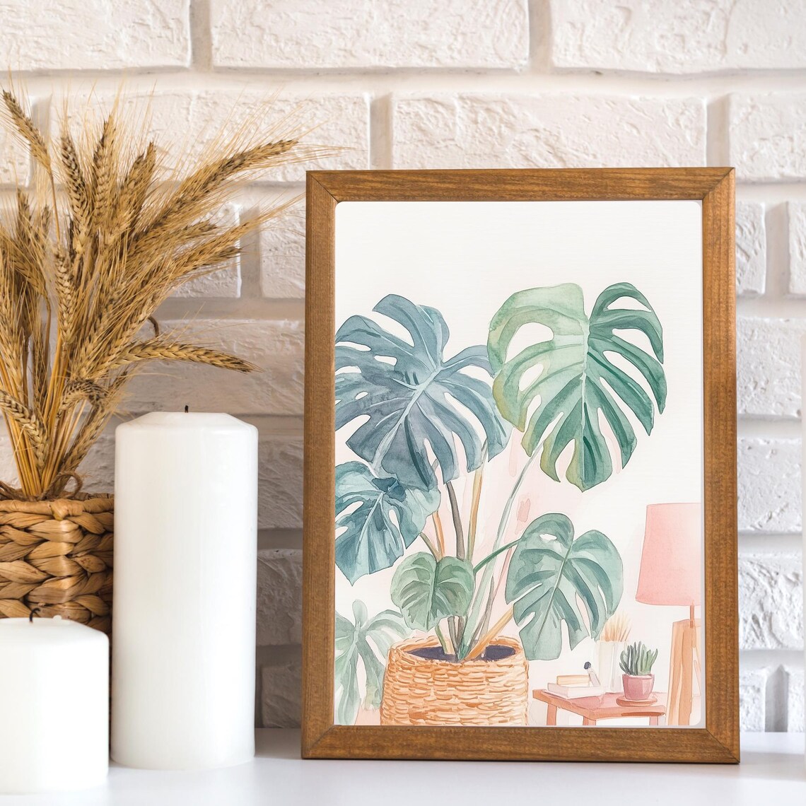 Blush Watercolor Monstera Plant in a Woven Wicker Basket Print - Image 3