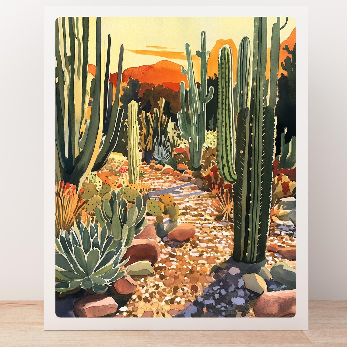 Desert Sunset Cactus Garden with Saguaros Gouache Painting Poster - Image 5
