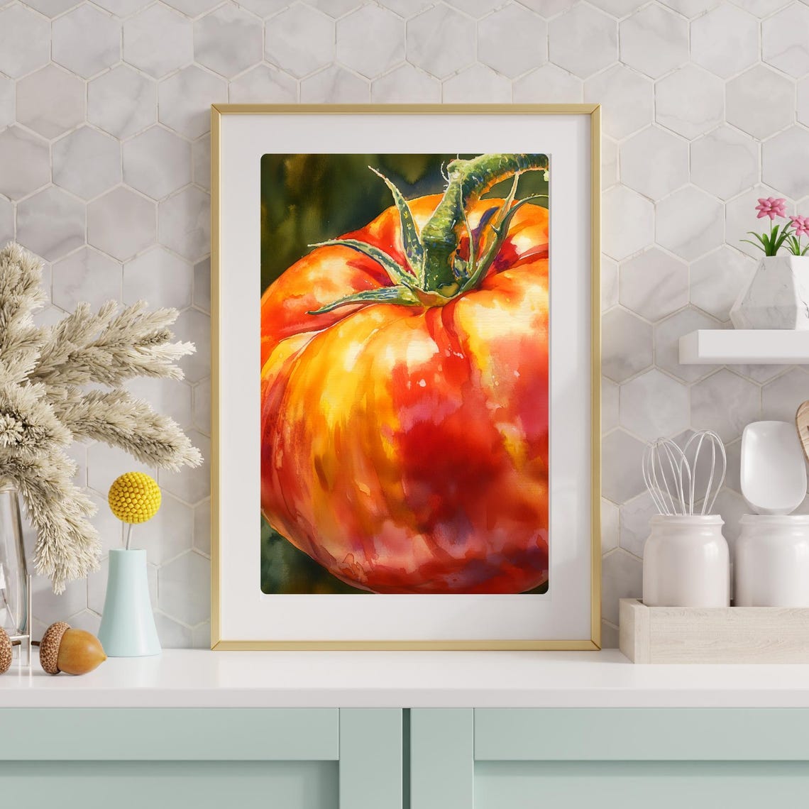 Heirloom Tomato Close Up Glowing Vine Ripened Watercolor Poster - Image 3