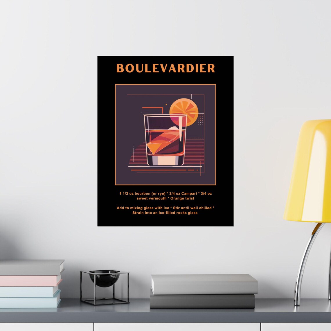 Boulevardier Cocktail Recipe Poster Rocks Glass Orange Retro Bar - Image 2