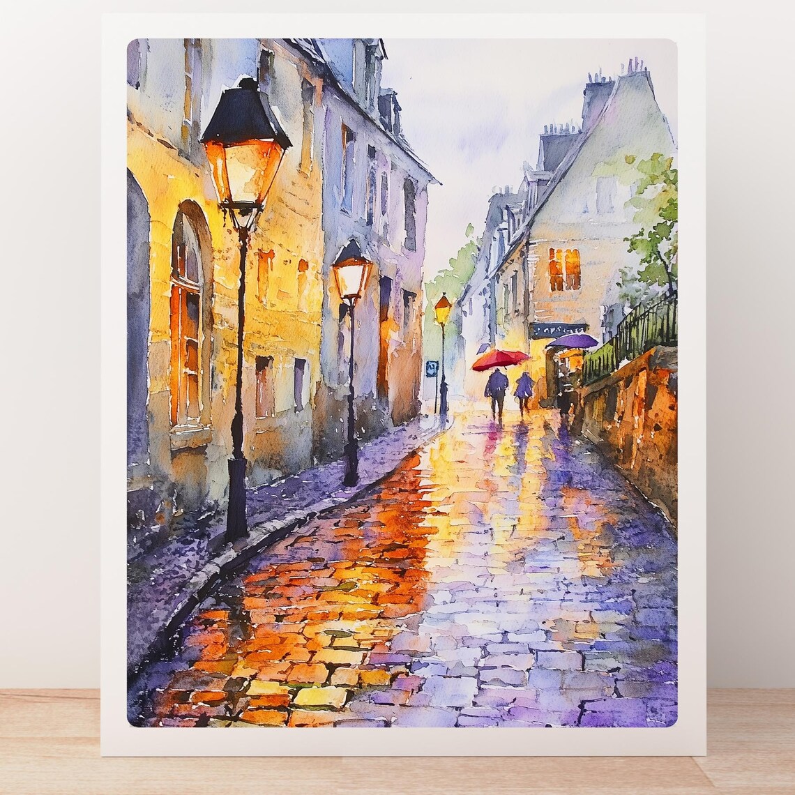 Rainy European Cobblestone Street Lamp Glow Watercolor Poster - Image 5