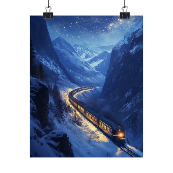 Winter Train Art Mountain Railway Painting Snowy Landscape Print Night Train Scene Wilderness Decor Nighttime Stars