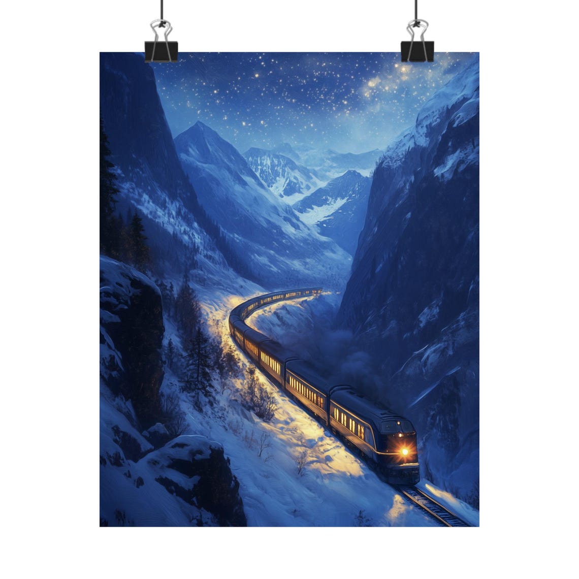 Winter Train Art Mountain Railway Painting Snowy Landscape Print Night Train Scene Wilderness Decor Nighttime Stars