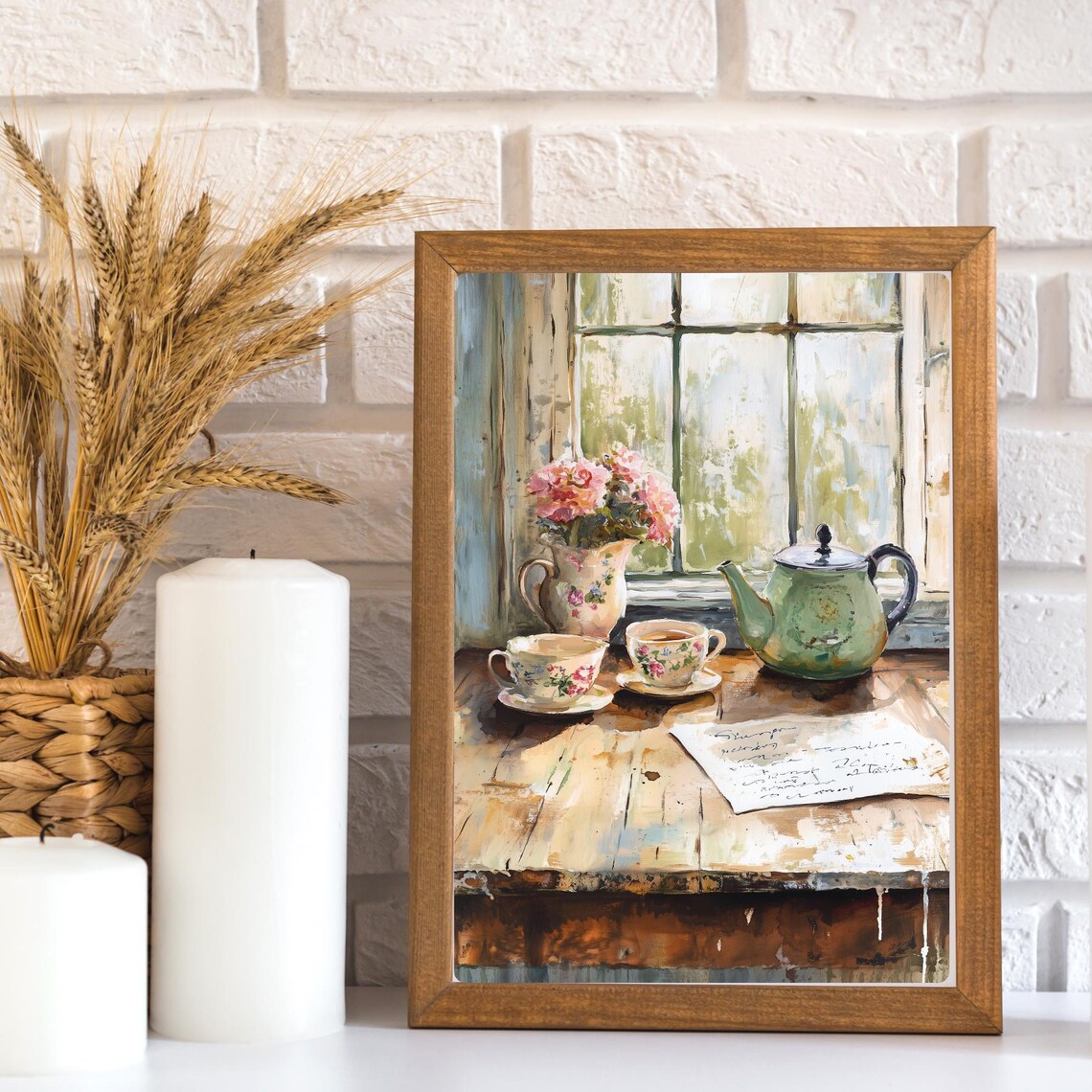 Vintage Tea Set by Window Floral Teapot Cottage Still Life Poster - Image 3