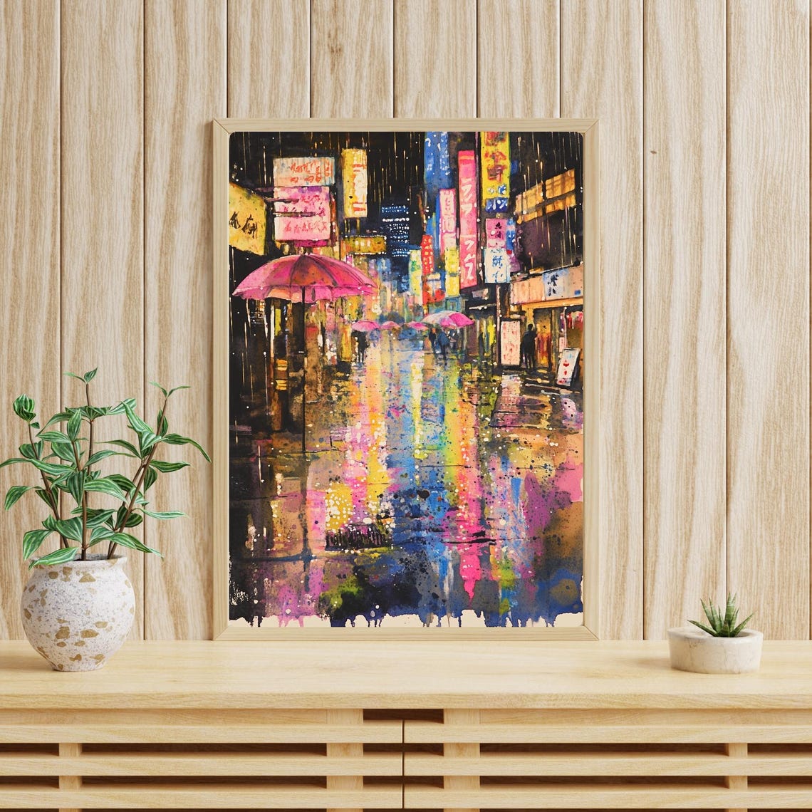 Tokyo Street Art Rainy Night Watercolor Painting Neon Lights City Print Umbrellas Scene Wall Decor Urban Japan Art Abstract Art - Image 5