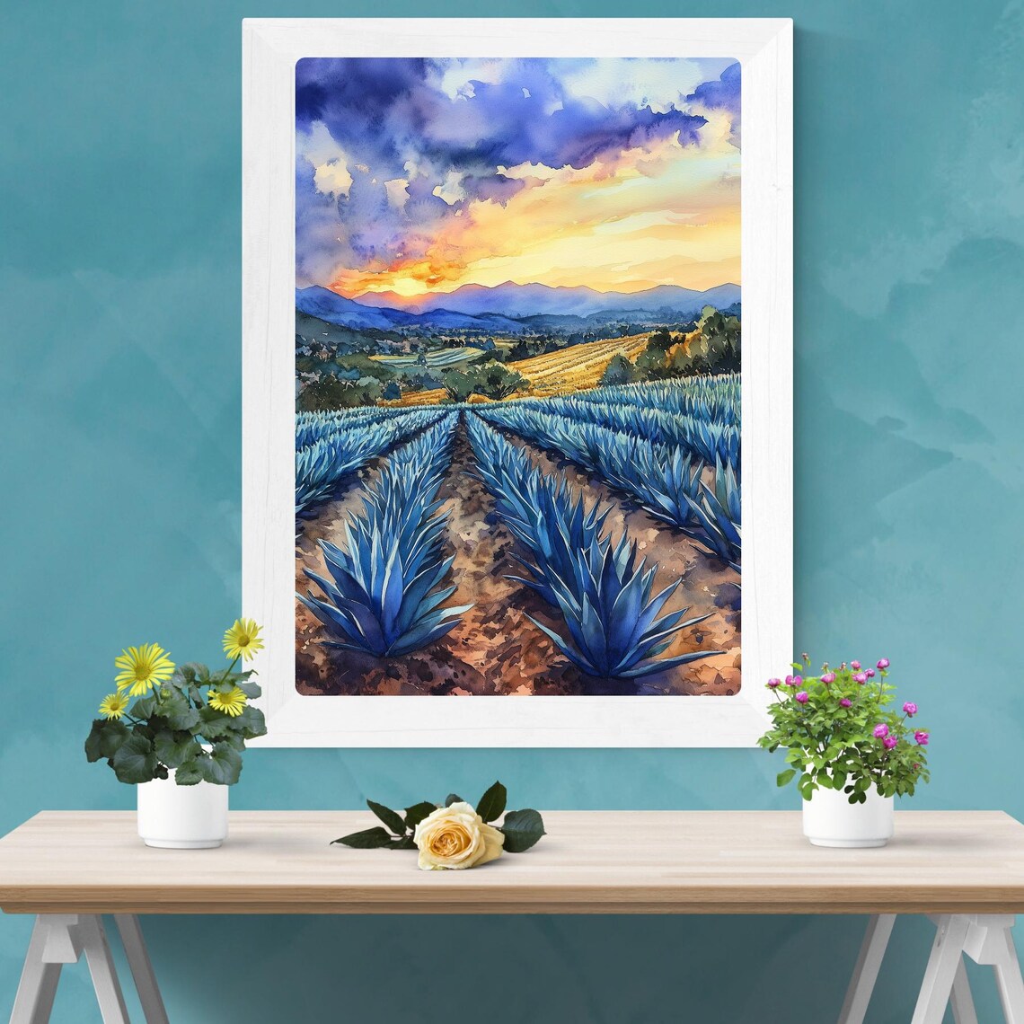 Agave Farm Sunset Watercolor, Mexican Landscape Art - Image 2