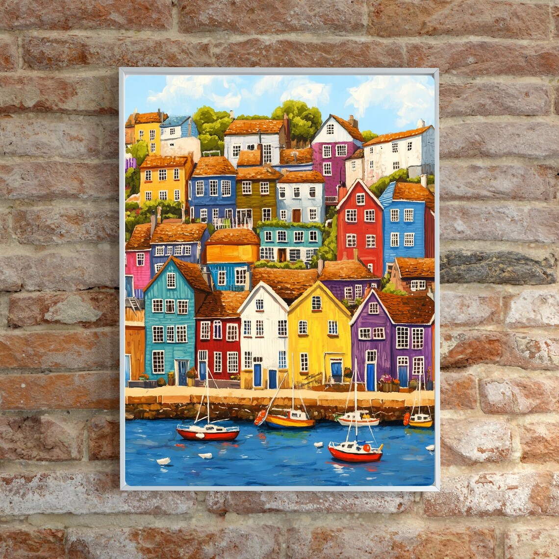 Colorful Harbor Town Houses with Sailboats Waterfront Poster - Image 6