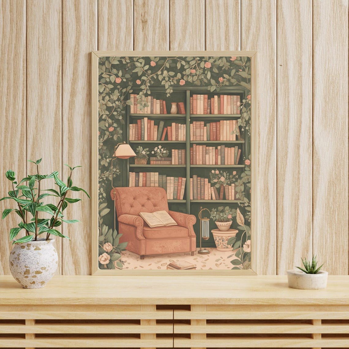 Floral Library with a Pink Armchair Wrapped in Rose Vines Print - Image 4