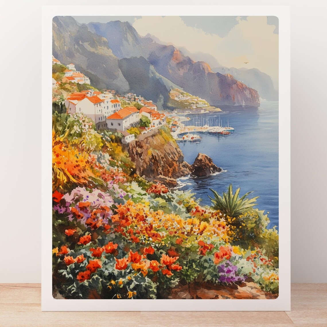 Madeira Cliffside Coastal Town Watercolor Portugal Travel Poster - Image 5