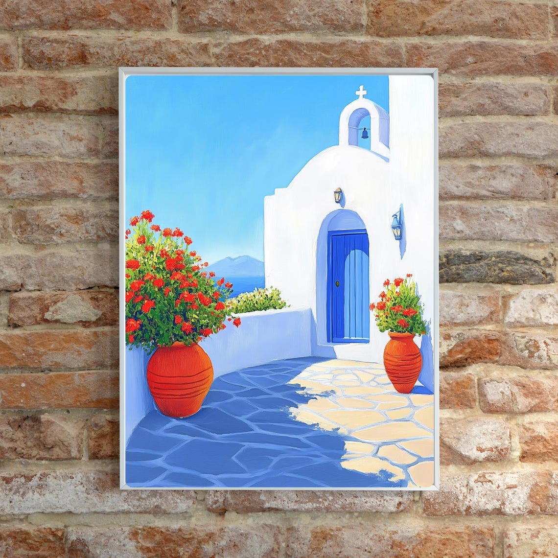 Santorini Greece White Church Blue Door Terracotta Geraniums Poster - Image 4