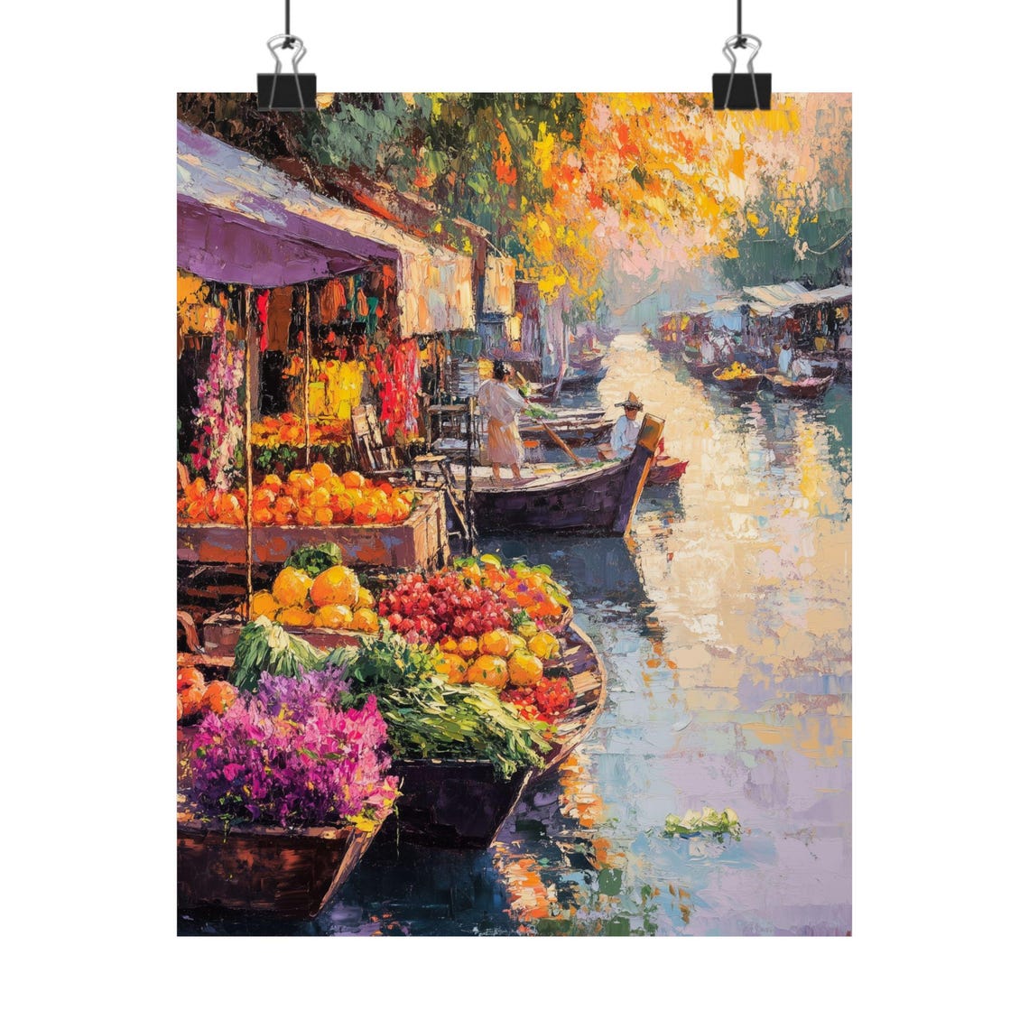 Thailand Floating Market Art Dusk Scene Painting River Boats Print Colorful Market Wall Decor Asian Water Market Art