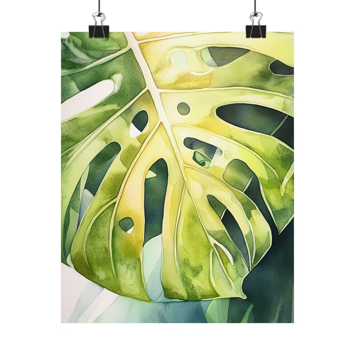 Close-Up Monstera Leaf in Green and Yellow Watercolor Poster