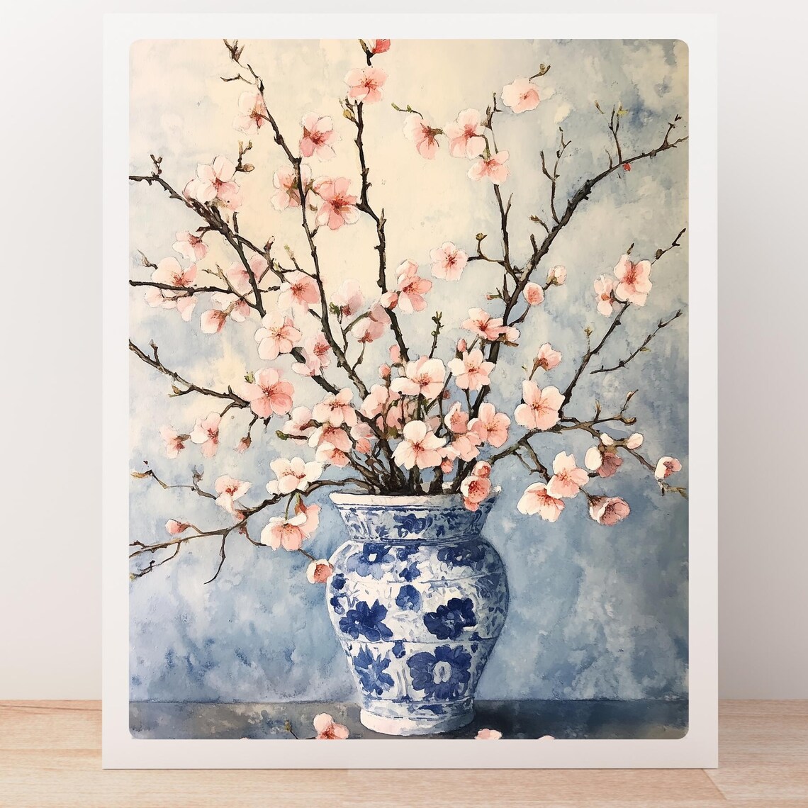Cherry Blossom Branches in a Blue and White Porcelain Vase Print - Image 4