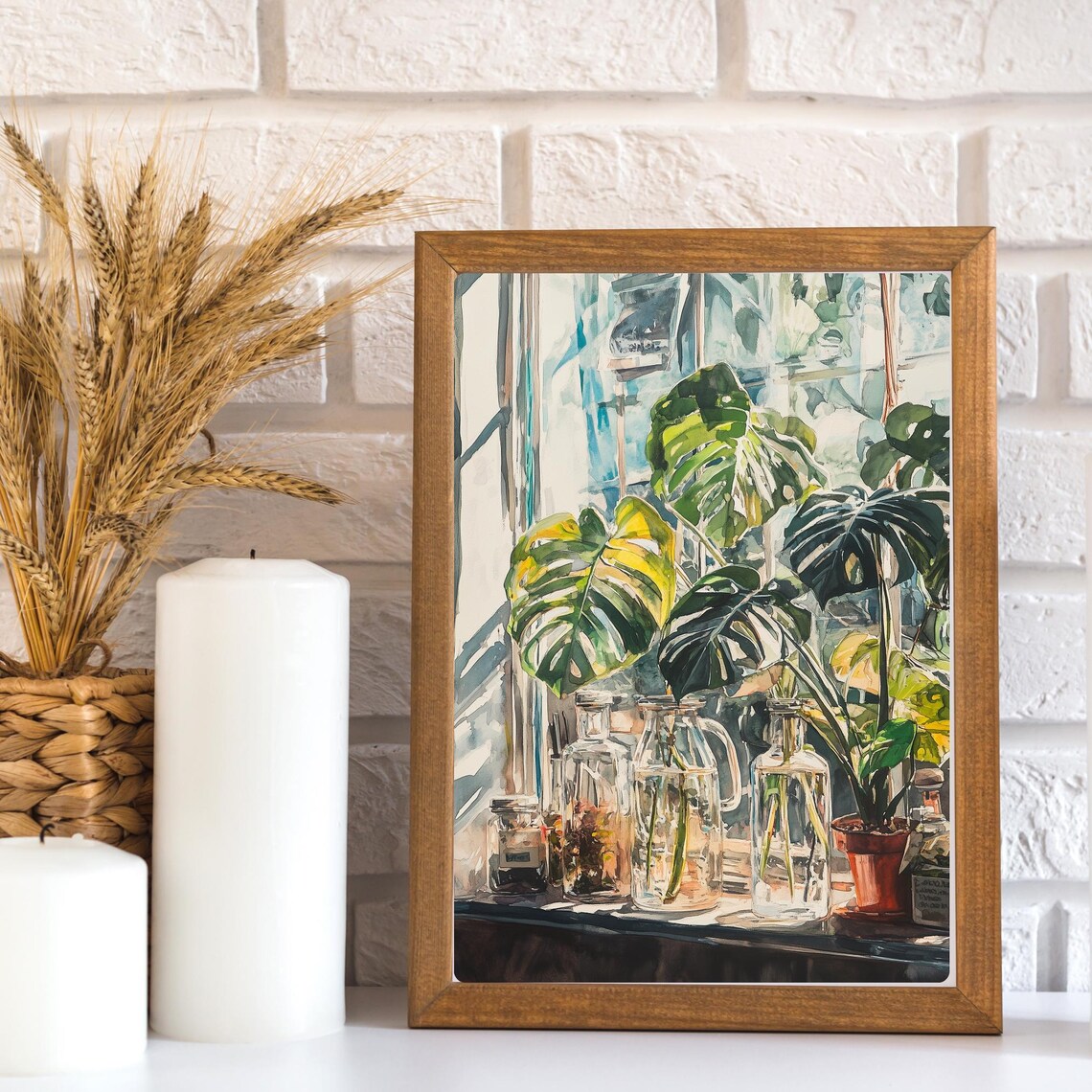Sunlit Windowsill with Monstera Leaves and Glass Jars Poster - Image 3