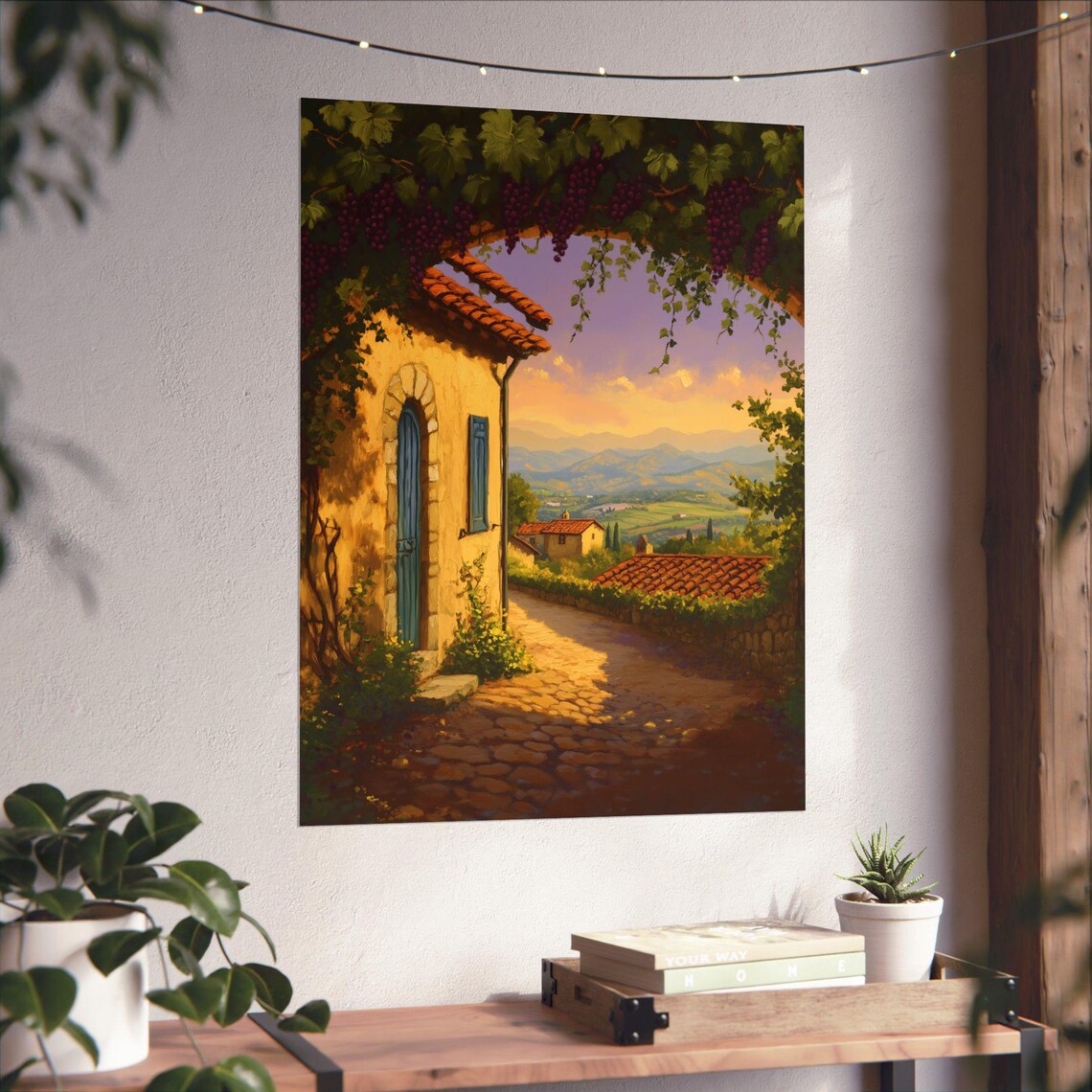 Tuscan Grape Pergola Walkway Above the Village at Sunset Poster - Image 6