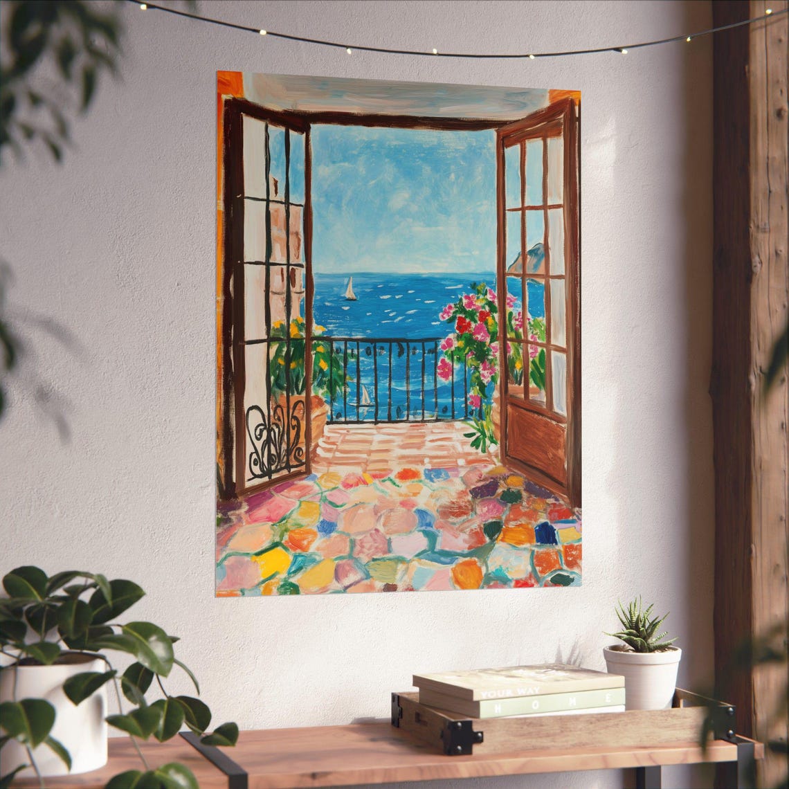 Mediterranean Terrace Doors Framing a Sailboat Sea View Poster - Image 6