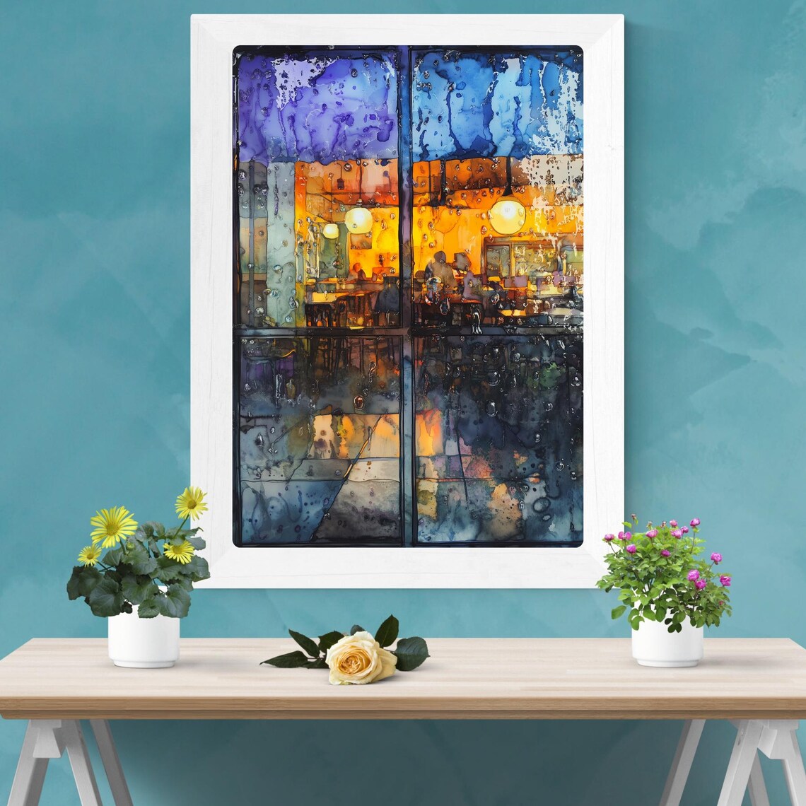 Rain Streaked Window Painting Coffee Shop Art Moody Cafe Scene Decor Rainy Weather Print Window View Wall Art - Image 2