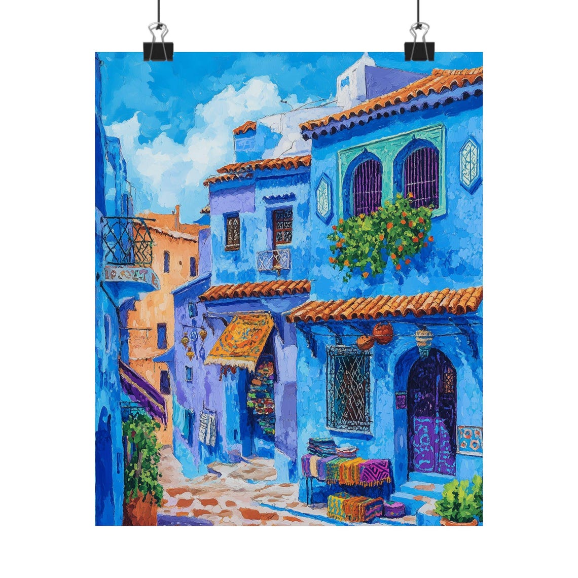 Chefchaouen Blue City Print Morocco Street Art Mediterranean Architecture Cobblestone Alley Wall Decor Gouache Style Print - Image 4