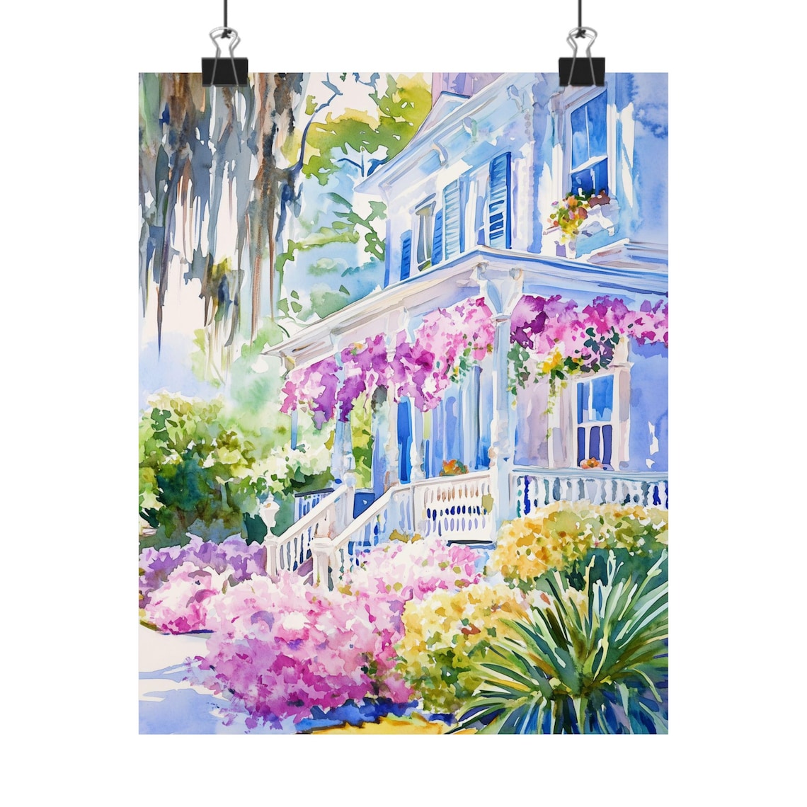 Savannah Georgia Victorian Porch Pink Azaleas Spanish Moss Poster