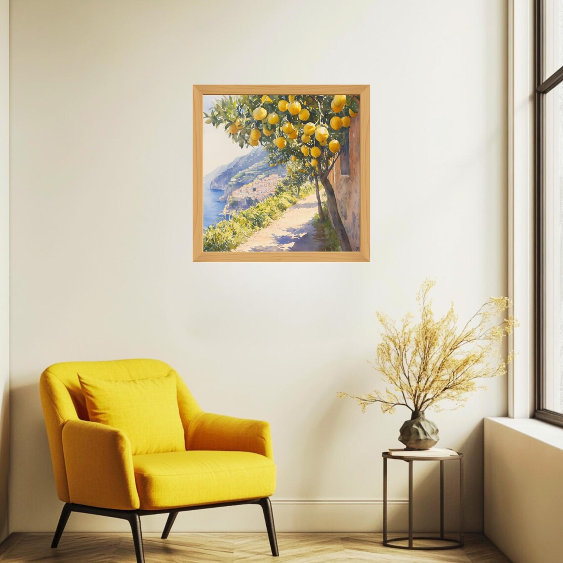 Lemon Tree Over Italian Coastal Village Sunny Watercolor Travel Poster - Image 3