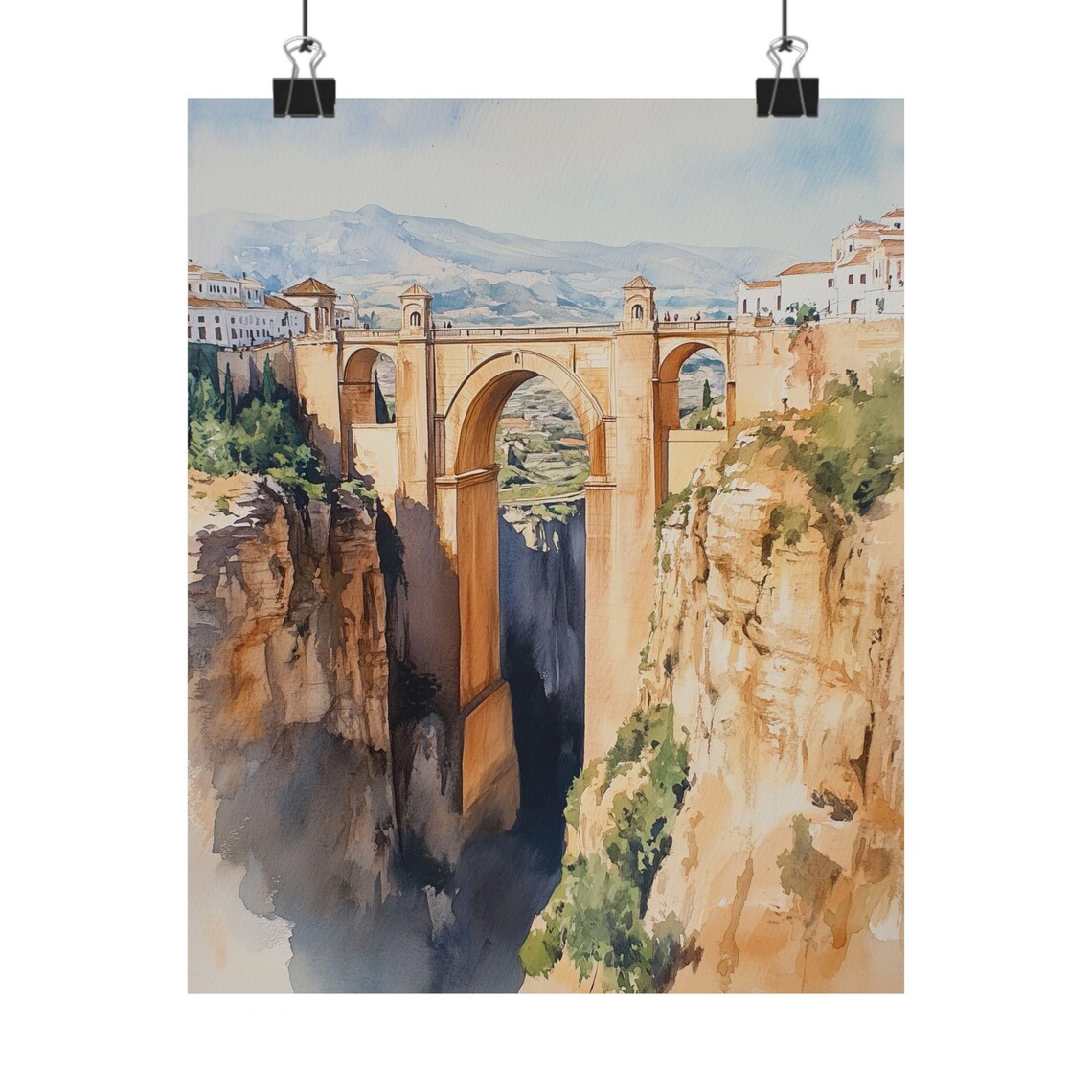 Puente Nuevo Bridge Ronda Spain Canyon Watercolor Art Poster