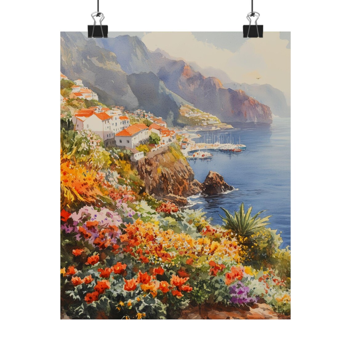 Madeira Cliffside Coastal Town Watercolor Portugal Travel Poster