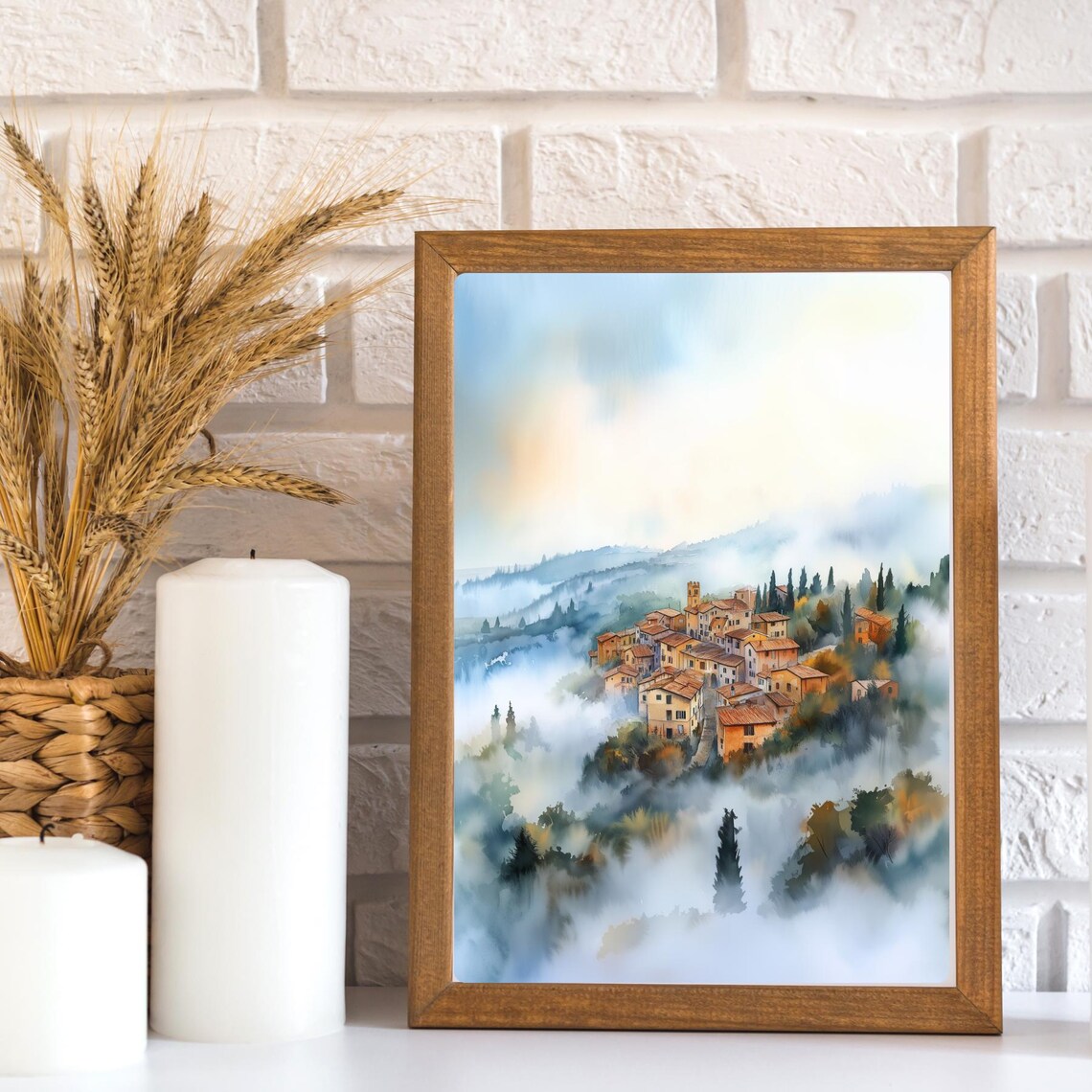 Foggy Italian Hill Town Misty Morning Village Watercolor Poster - Image 3