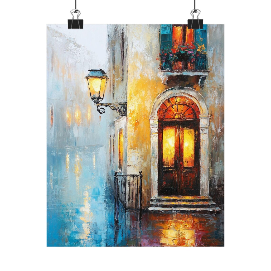 Venice Doorway Night Rain Glowing Lamp Canal Reflection Oil Poster
