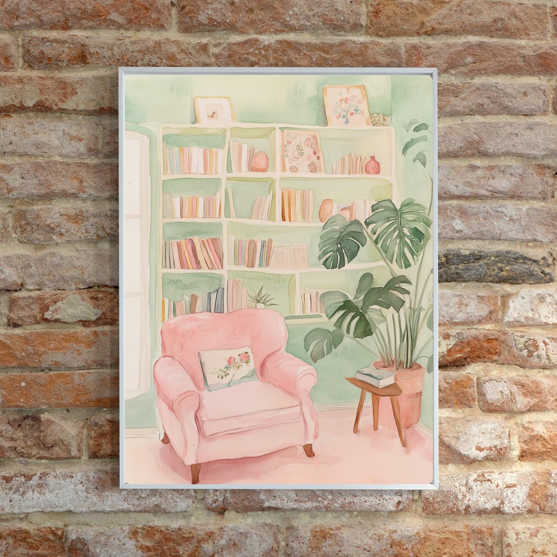 Cozy Pink Reading Nook with Armchair and White Bookshelf Poster - Image 6