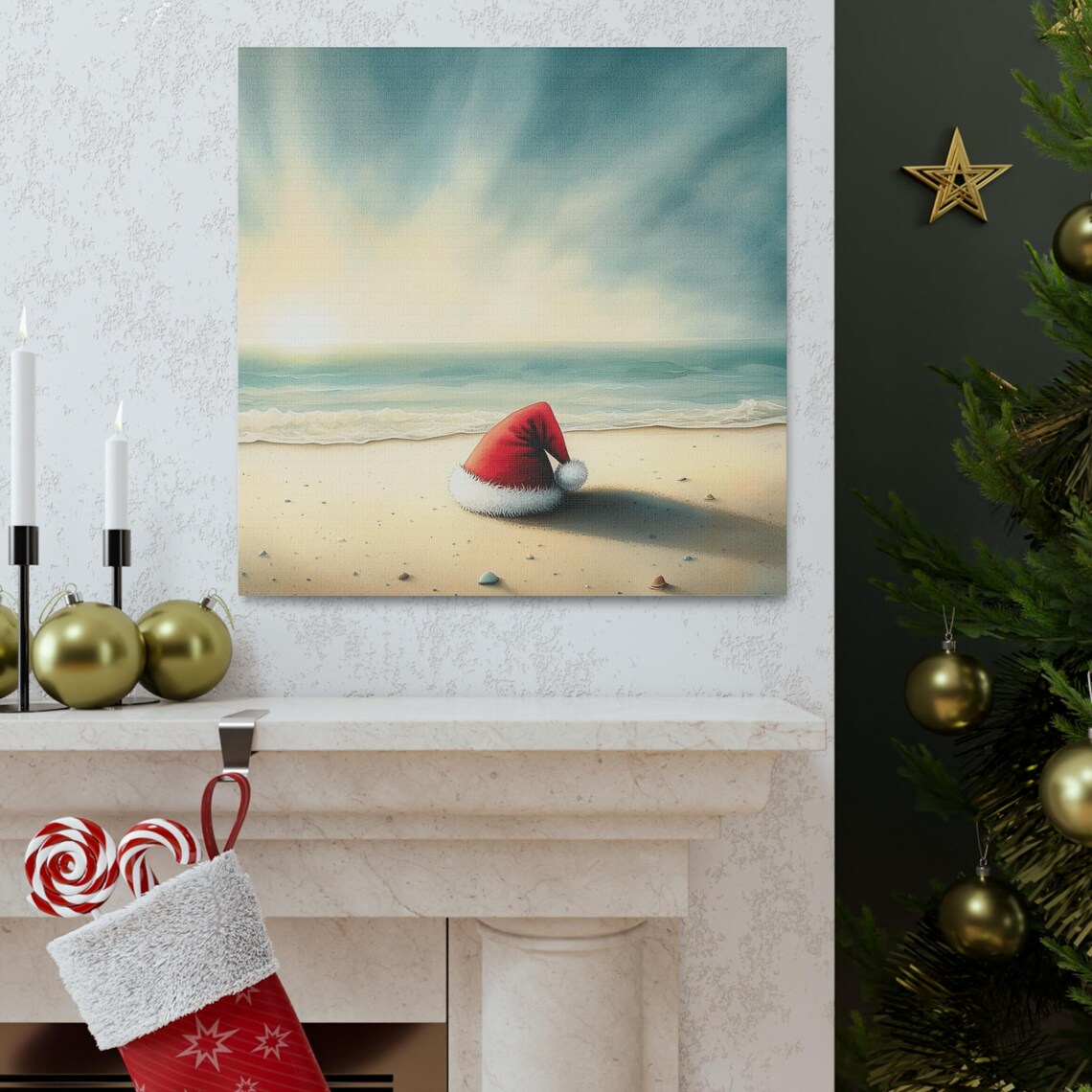 Santa Hat on Tropical Beach Christmas in July Coastal Wall Art - Image 2