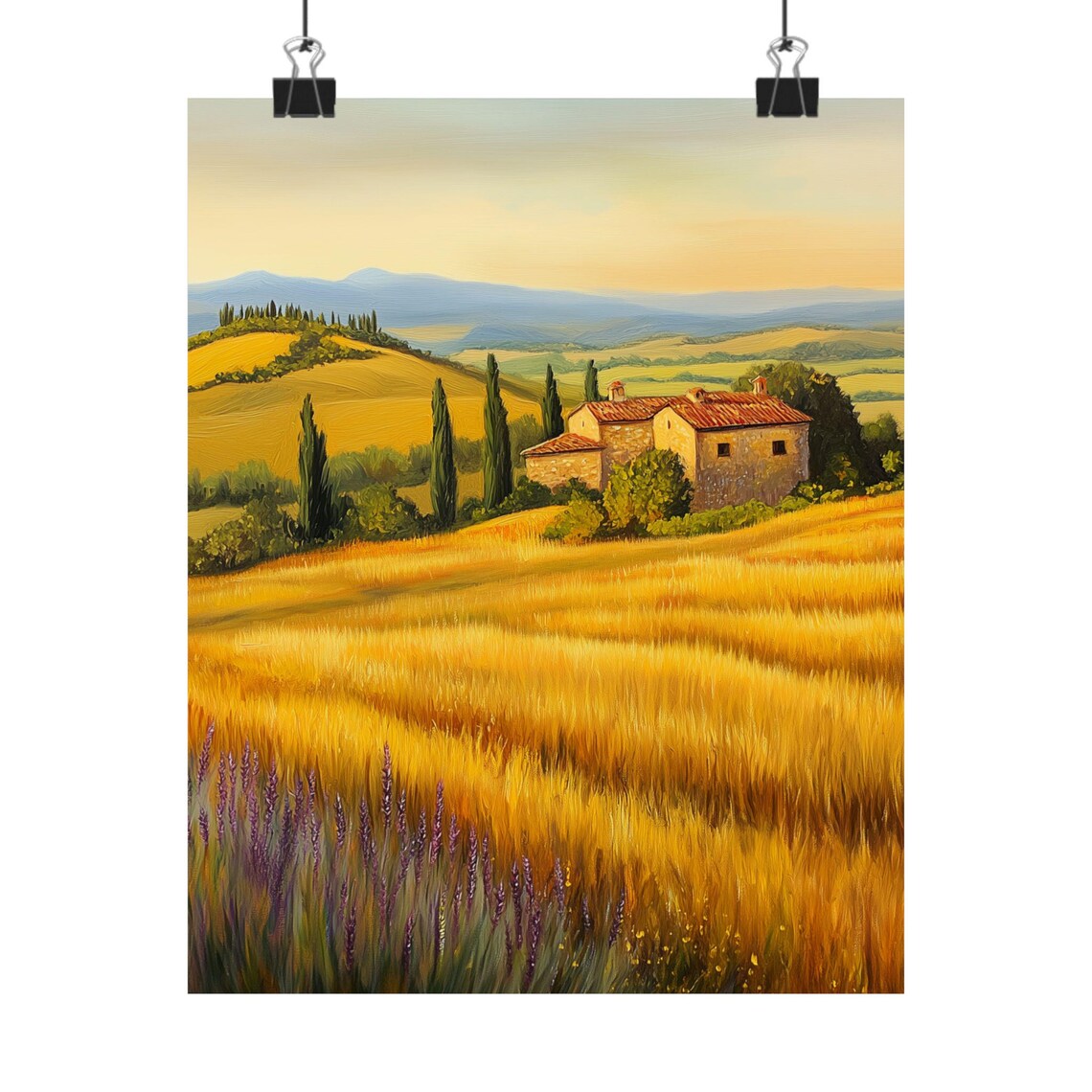 Tuscan Stone Farmhouse Among Golden Wheat Fields at Dusk Poster