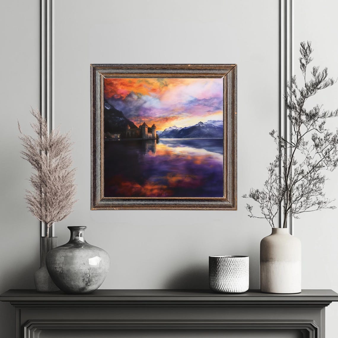 Lake Geneva Sunset Gouache Painting Chillon Castle Purple Orange Sky Alps Montreux Medieval Fortress Wall Art Print Home Decor - Image 3