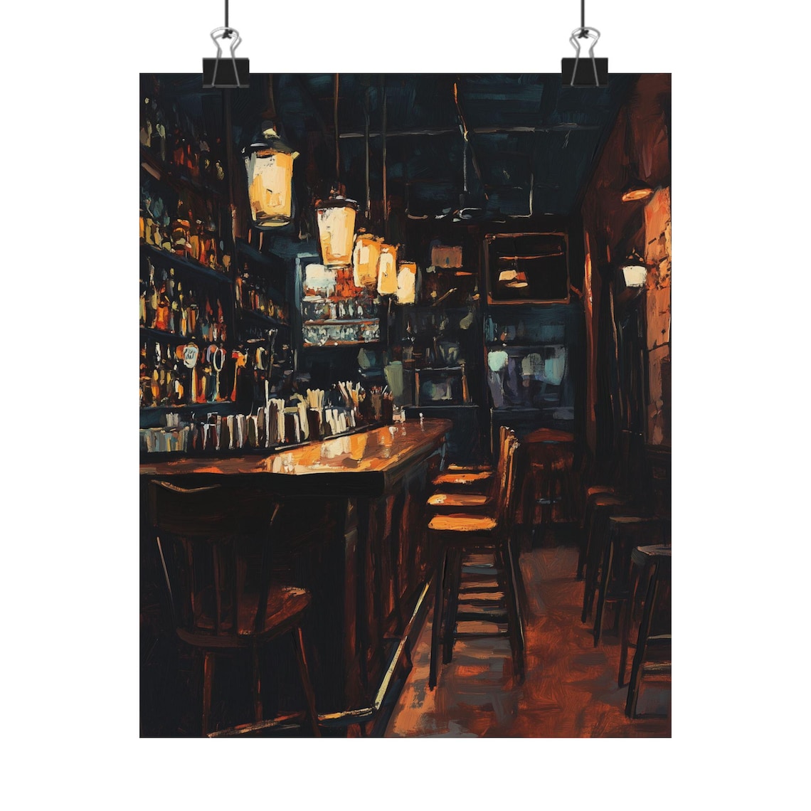 Empty Bar At Night Painting, After Hours Scene Art Print