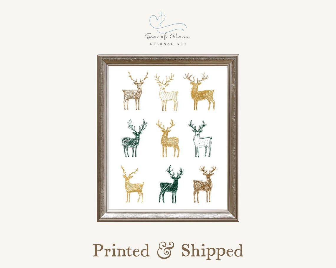 Minimalist Green And Gold Reindeer Stags Modern Christmas Poster