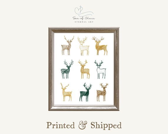 Minimalist Green And Gold Reindeer Stags Modern Christmas Poster