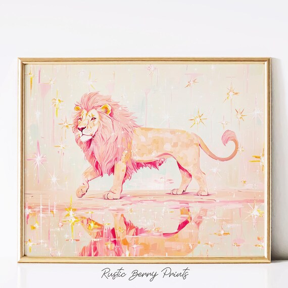 Dreamy Pink Lion Walking Starry Sparkle Magical Kids Room Wall Art Poster