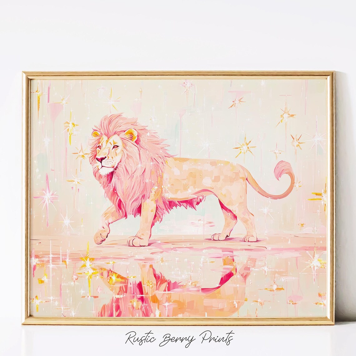 Dreamy Pink Lion Walking Starry Sparkle Magical Kids Room Wall Art Poster