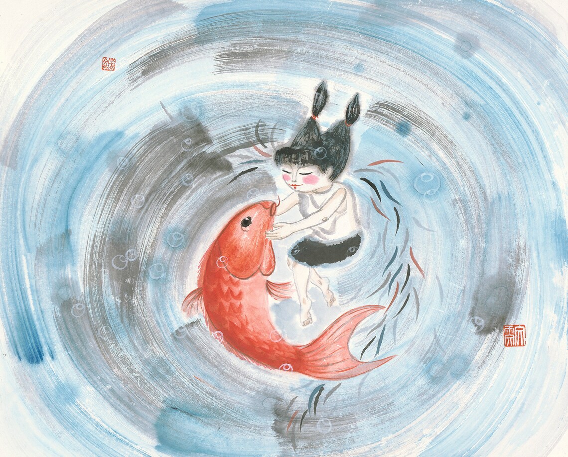 Koi Fish Chinese Painting, Kids Room Art Print