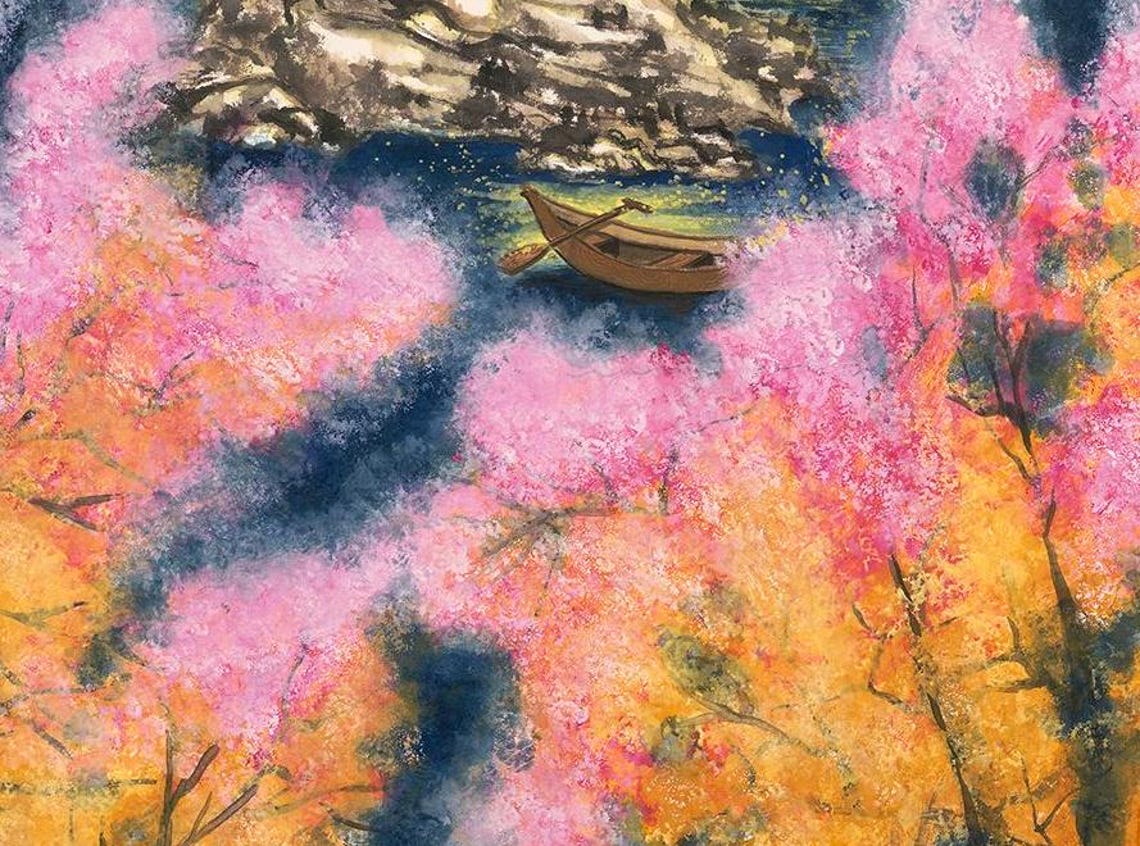 Boy Reaching Giant Smiling Moon Blossom Lake Art Nighttime Poster - Image 2