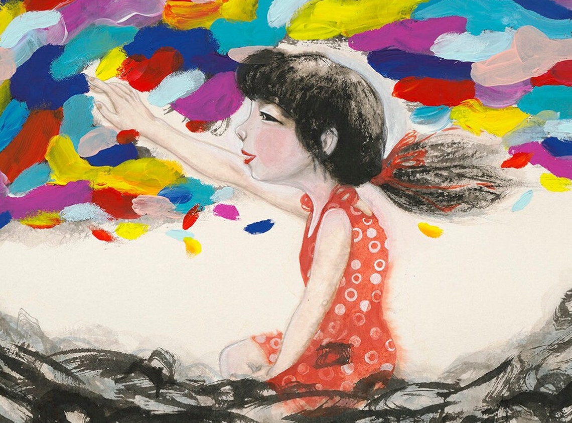 Girl Releasing Rainbow Waves Colorful Ink Art Imagination Poster - Image 3