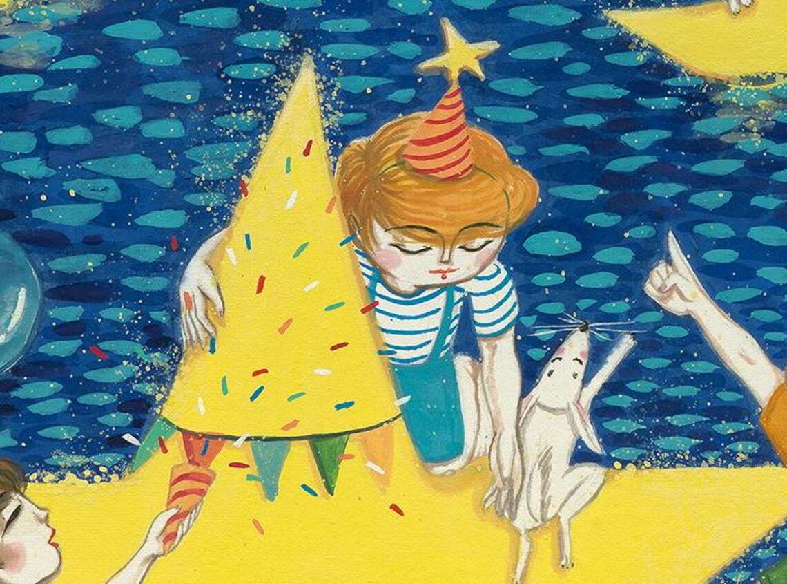 Kids Celebrating On Yellow Stars Ocean Night Art Party Poster - Image 4